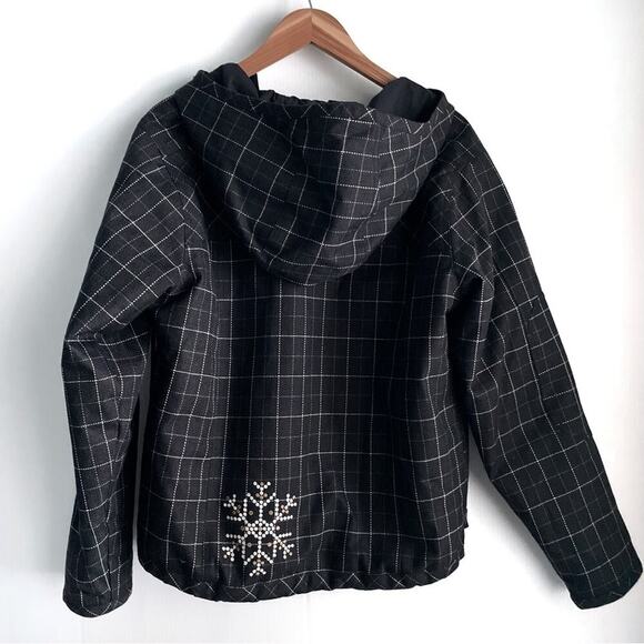 Obermeyer plaid patterned snowboarding jacket fits M/L snowflake on back hooded - Picture 2 of 9